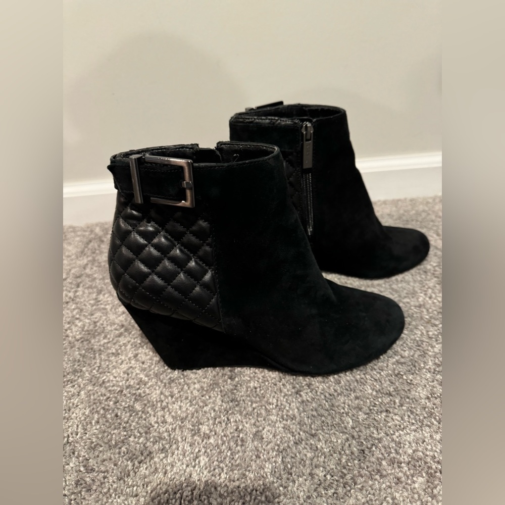 BCBGeneration Suede Wedge Booties with Quilt and Buckle Detail- Size 8